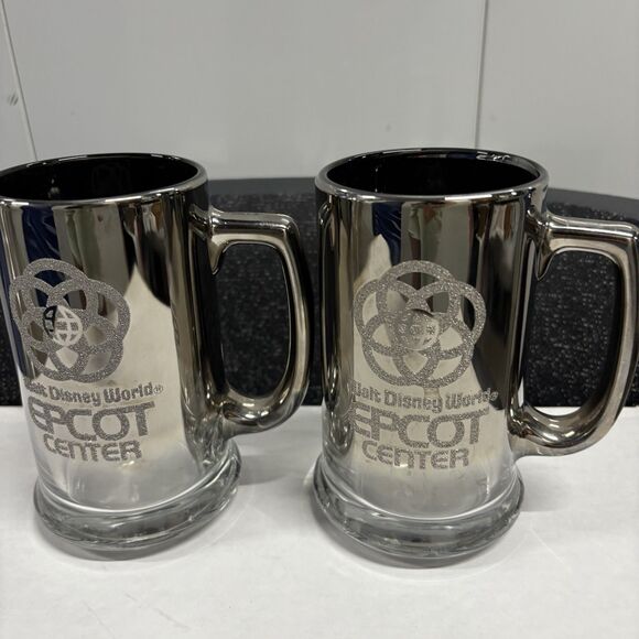 Set 2 Vintage EPCOT Center Disney World Mugs Chrome Mirror Logo Glitter Clean - Picture 1 of 7